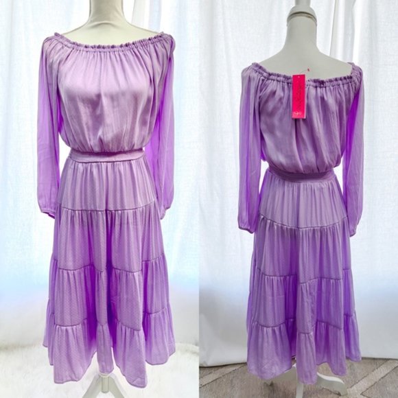 Lilly Pulitzer Jennie Midi Lilac Freesia Dress Purple Dot Dot Off the Shoulder S - Picture 11 of 16